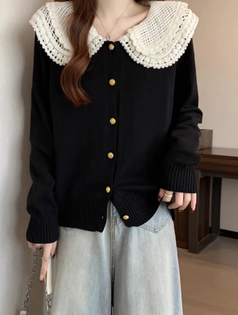 1332#200斤大码娃娃领针织毛衣开衫女秋季胖妹妹设计感小众独特