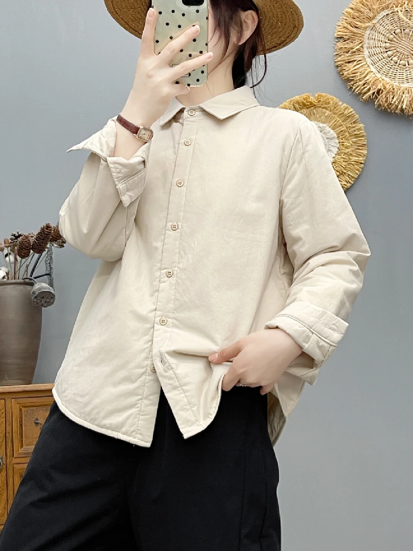 复古纯色立领女式冬季全棉宽松衬衫保暖长袖春季外套JD    6551