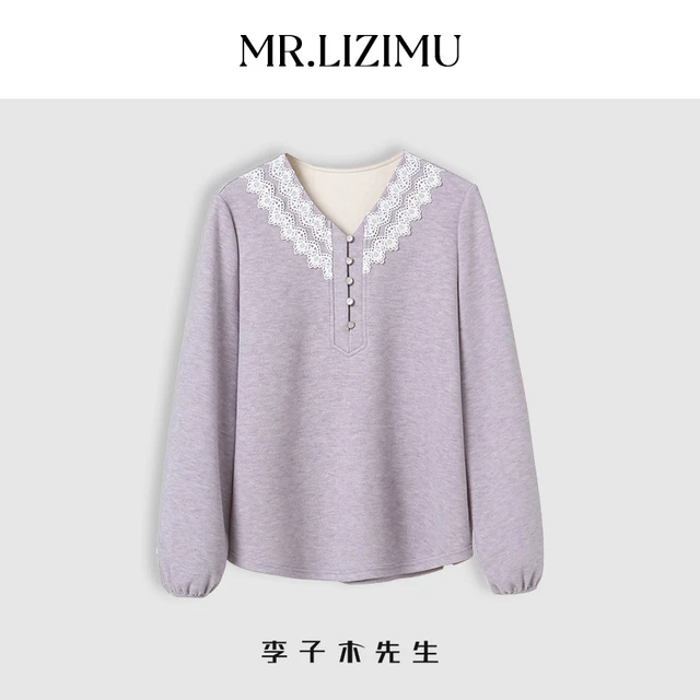 李子木春秋新款针织衫女宽松版慵懒风蕾丝领大码胖mm减龄单穿上衣