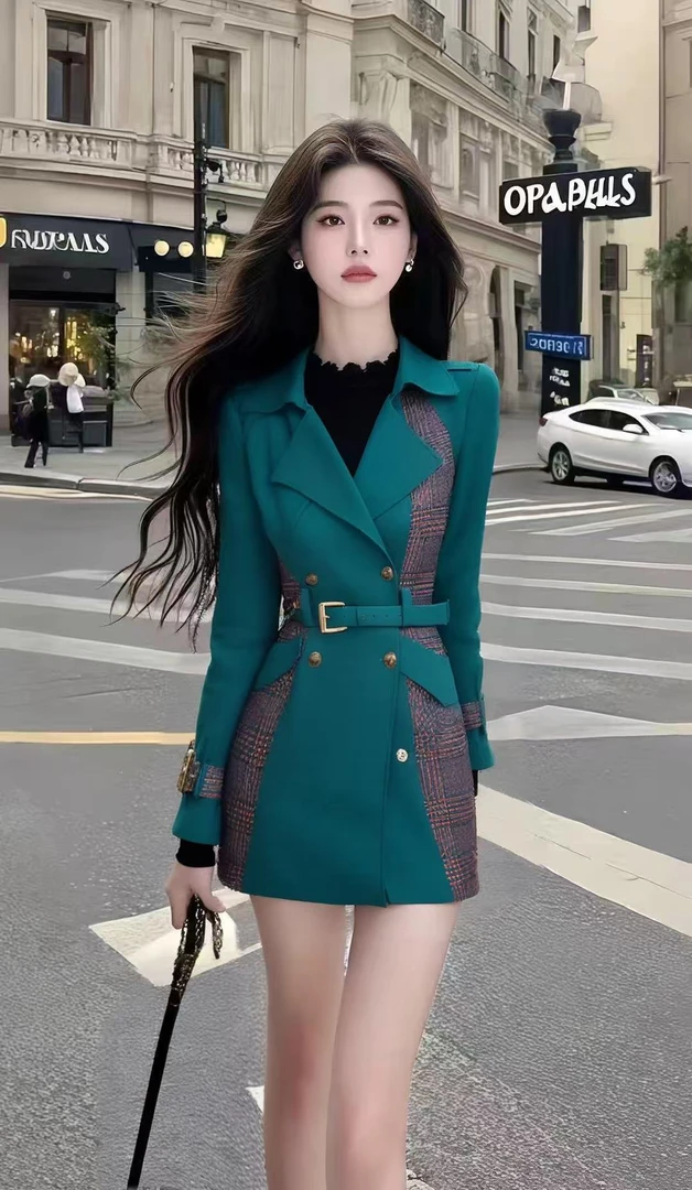 法式时尚温柔知性风绿色长袖收腰系带连衣裙女显瘦气质氛围感女装