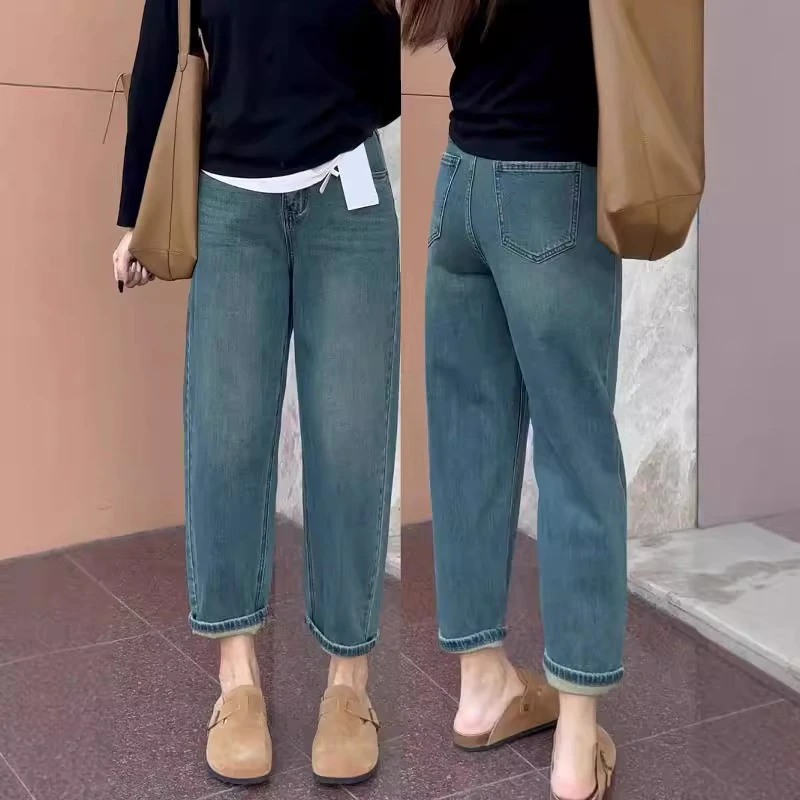 小个子孕妇裤子秋冬款外穿加厚加绒宽松显瘦弹力哈伦萝卜裤八分裤