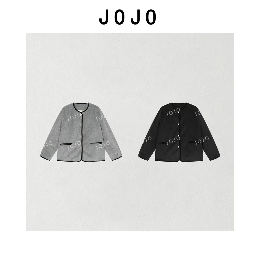 玖了个玖 2025冬款 极简撞色包边金属扣毛呢羽绒外套 2510C7024