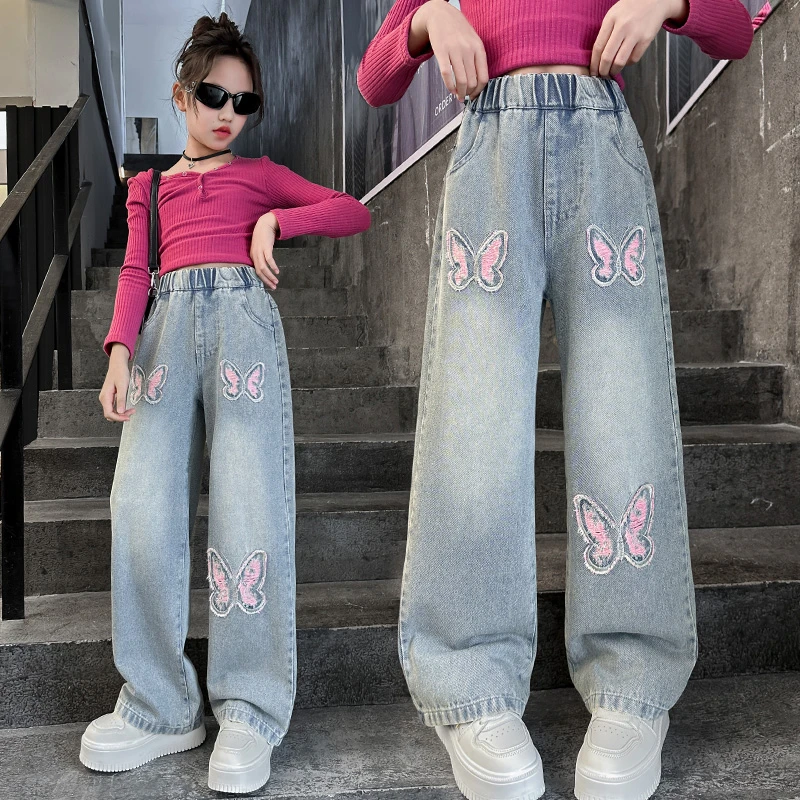 女童阔腿牛仔裤春秋款2025新款儿童春款蝴蝶结直筒裤子大童浅色潮