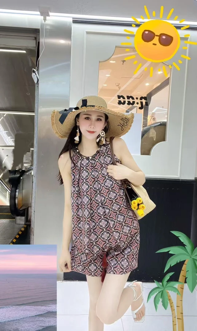 杨杨 MI2-夏季时尚复古印花短裤套装E9734