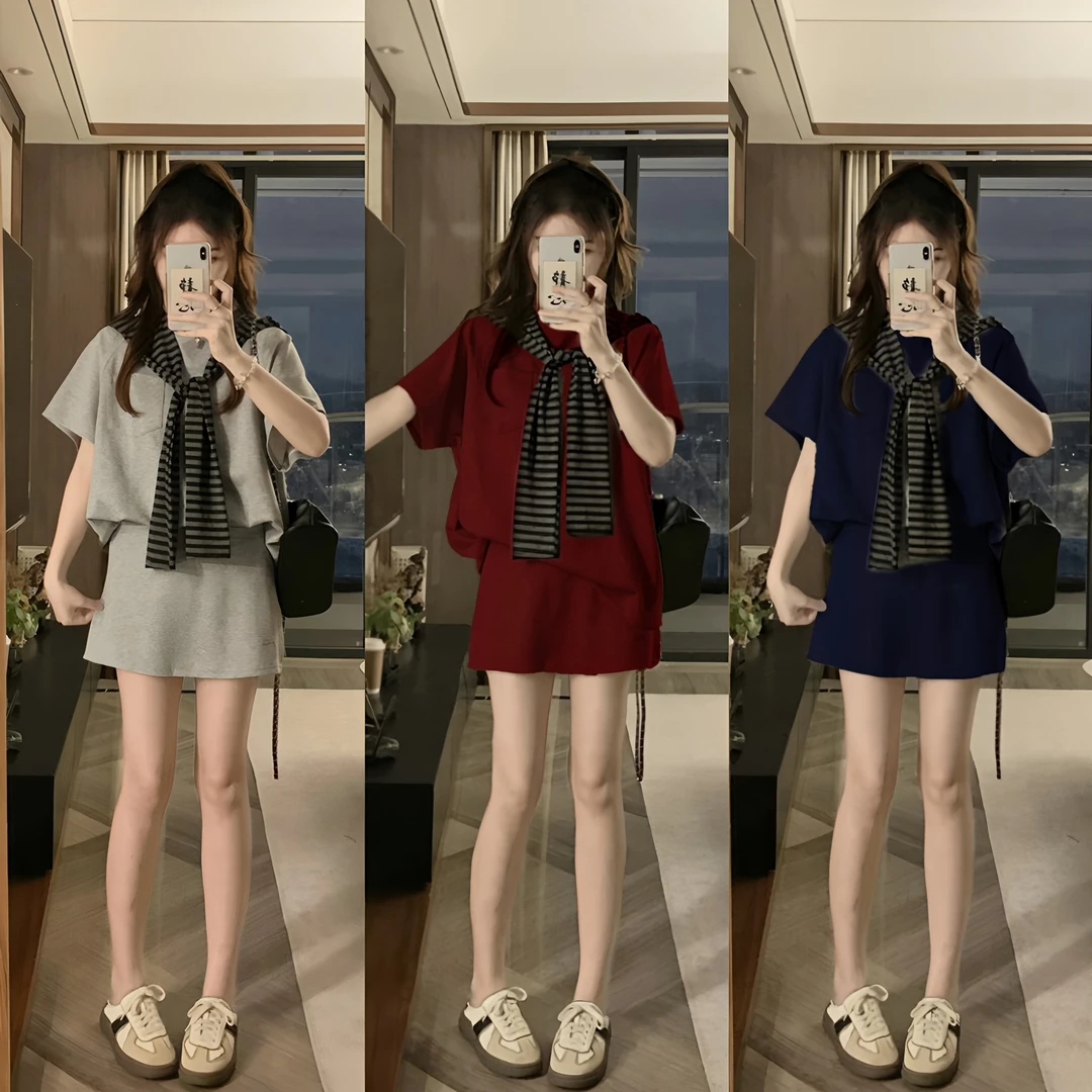 大码胖mm休闲风时尚套装短裤短袖显瘦学院风短裙时尚衬衫减龄