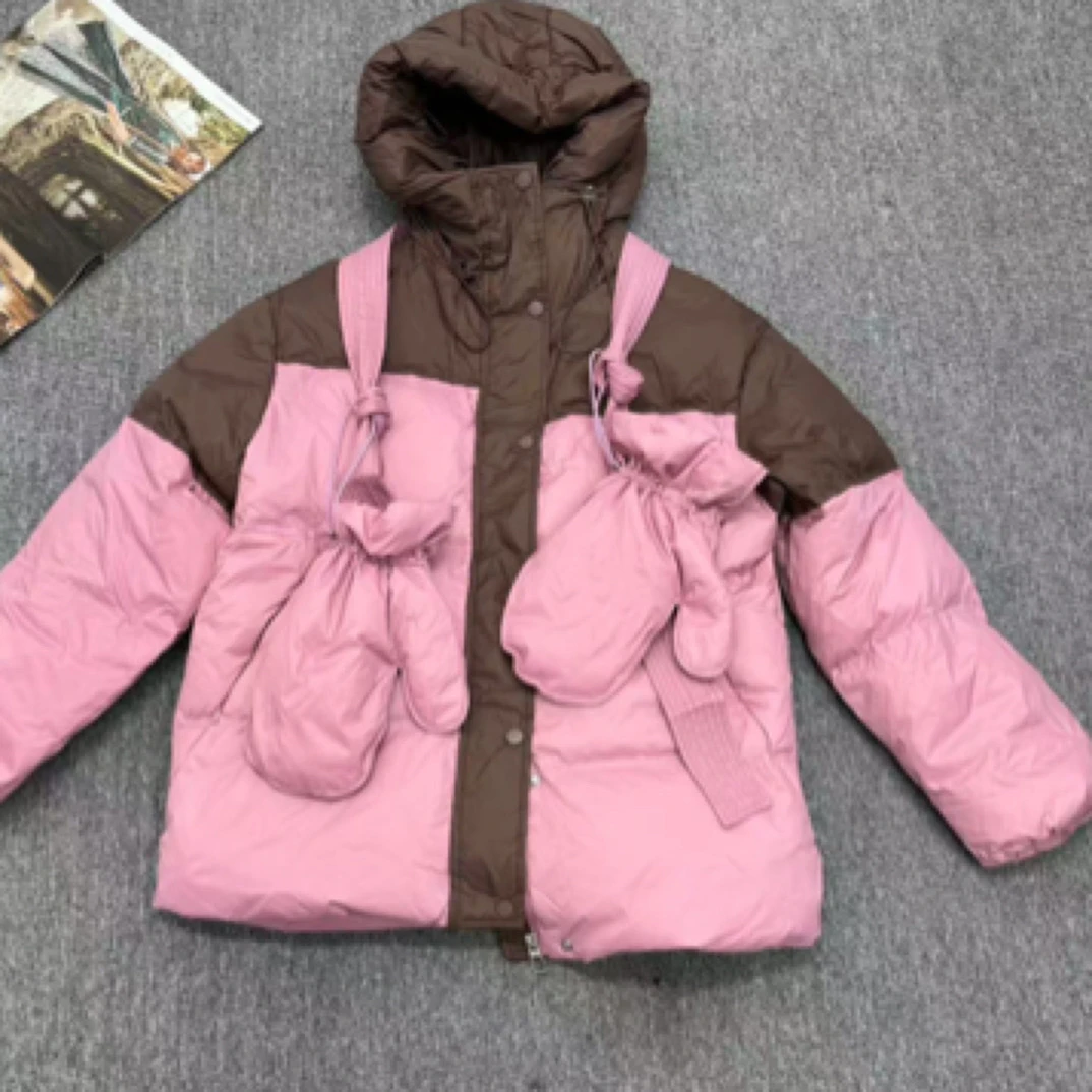 欧货女装原创不撞衫拼接撞色连帽时尚休闲手套一体式白鸭羽绒服