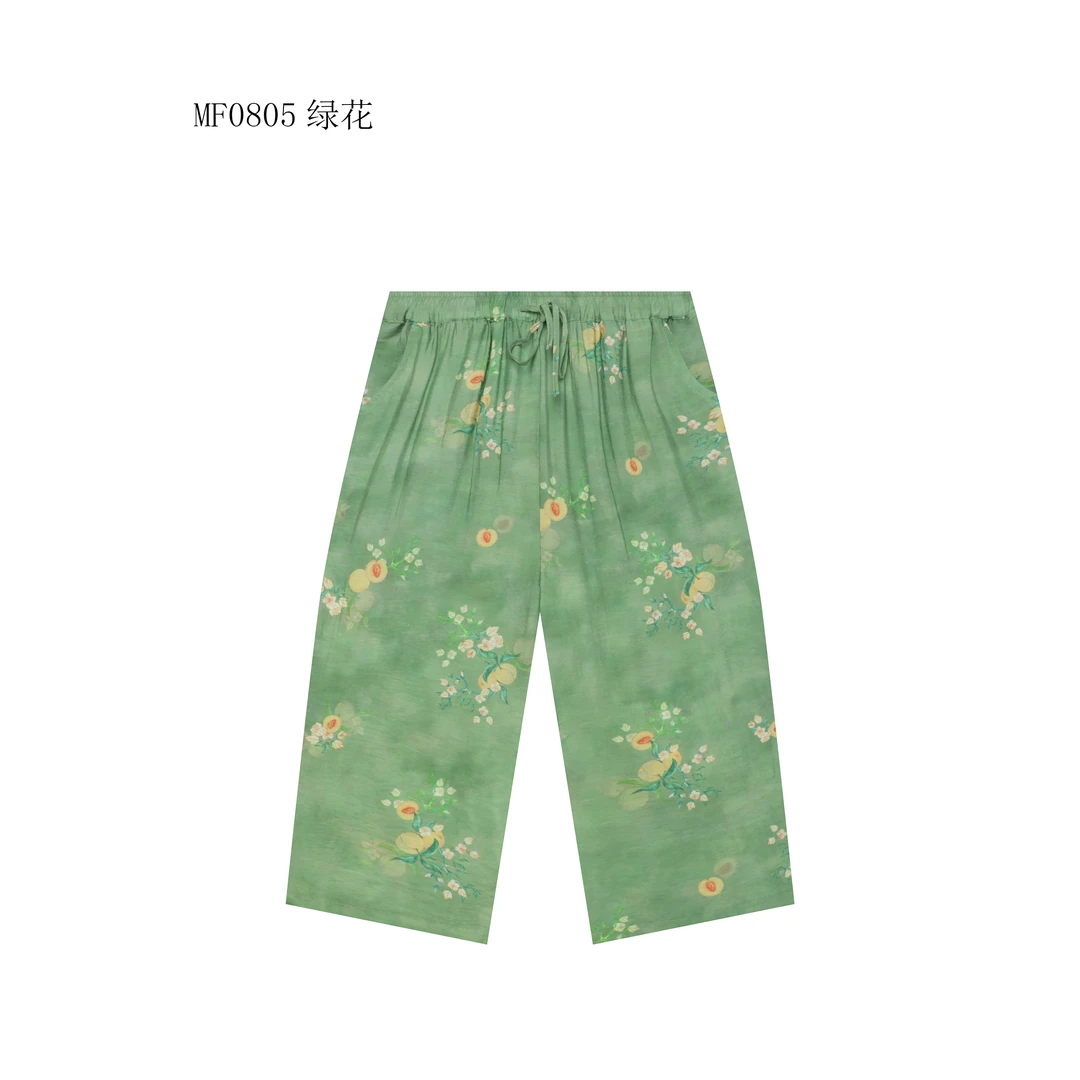 【麻訪家】MF0805绿花文艺印花舒适休闲百搭直筒裤