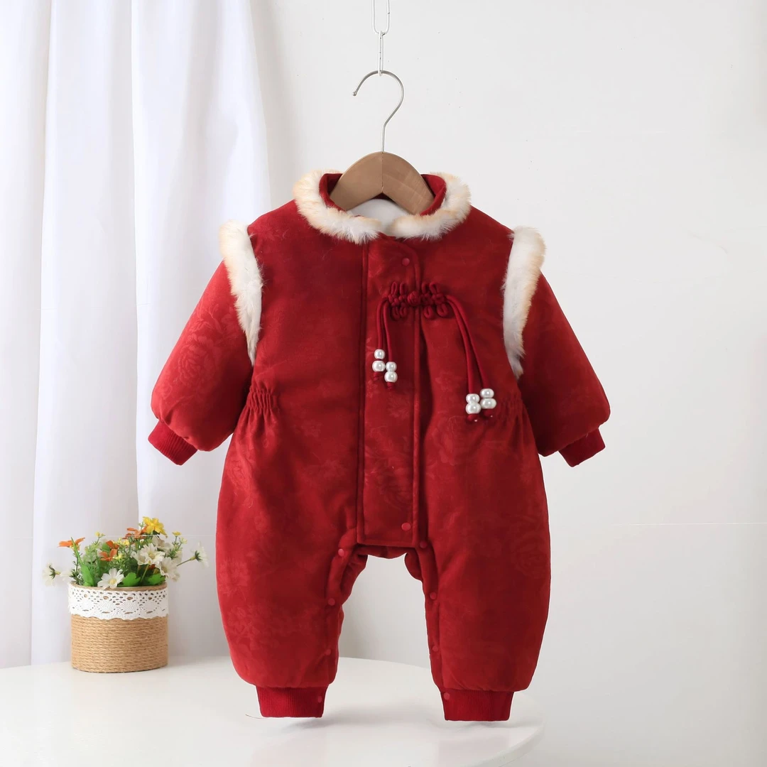 婴儿新年装加棉加厚连体衣冬装衣服宝宝百天周岁礼服红色喜庆爬服