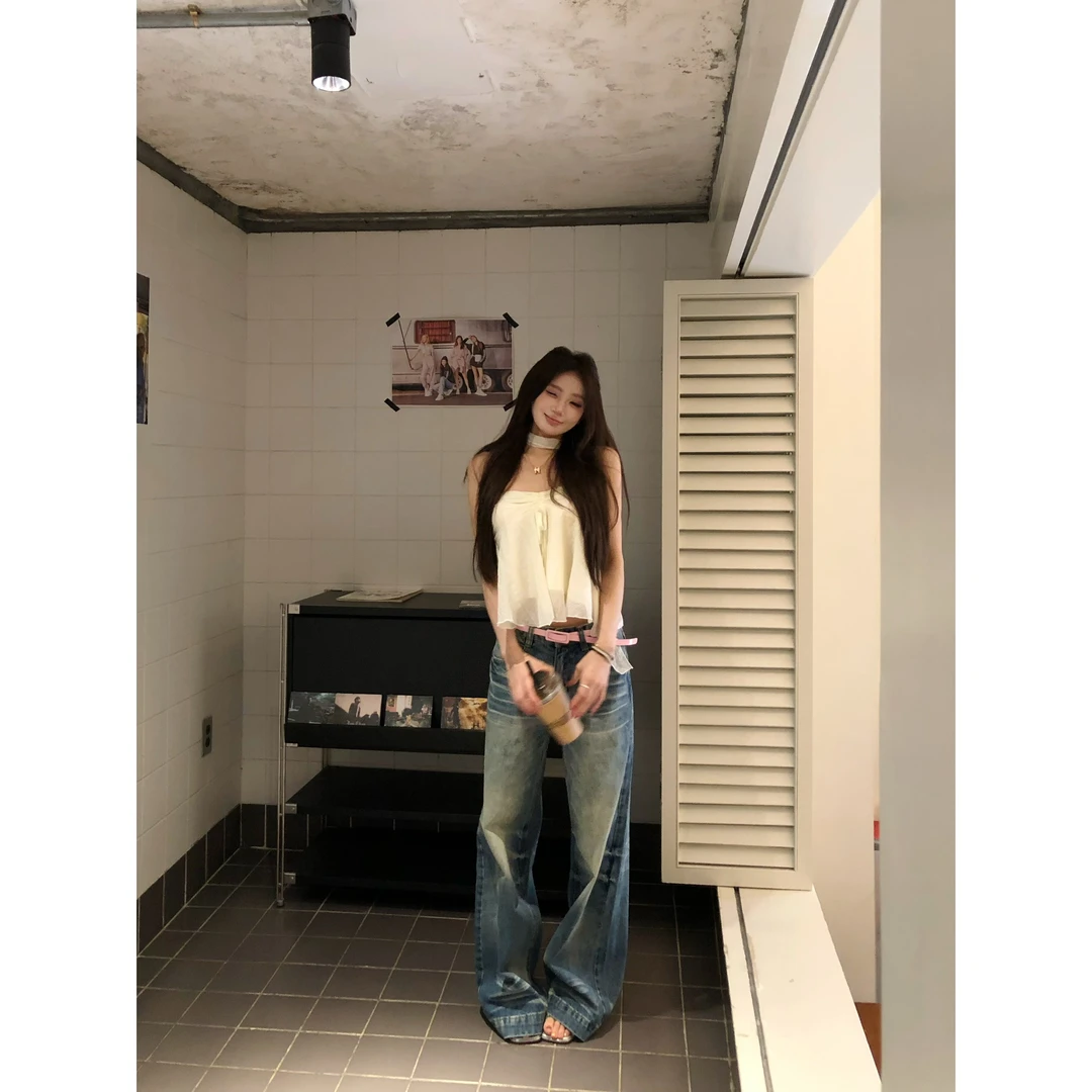 withmin白兔 黄油薄荷 美式复古辣妹低腰水洗直筒牛仔裤2523540