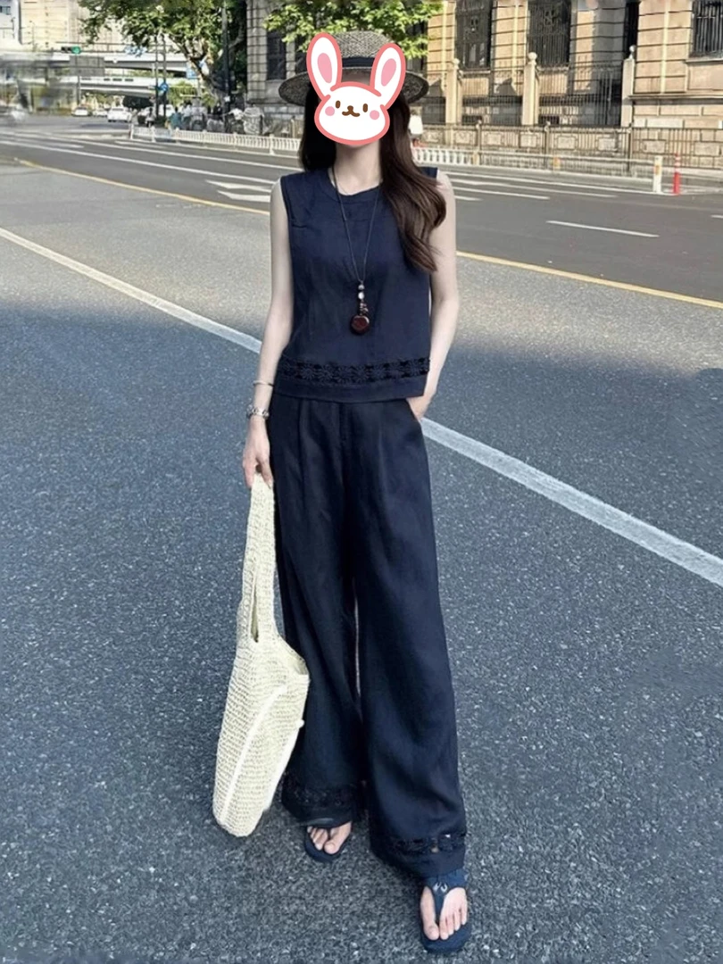 时尚套装女夏季新款洋气减龄显瘦圆领无袖上衣高腰阔腿裤两件套潮