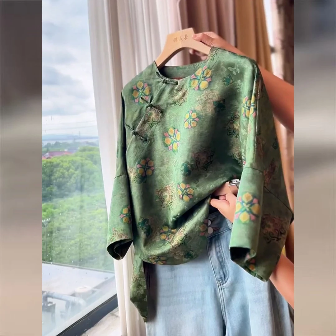 2025早秋新中式国风绿色提花斜襟盘扣衬衫女士洋气老钱风唐装上衣