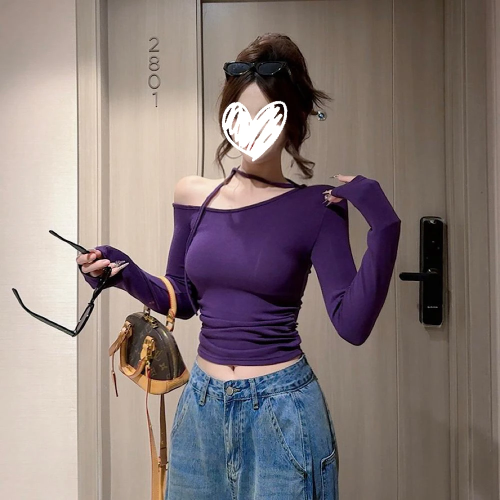 纯欲斜领系带打底衫女2025秋季新款韩版设计感修身显瘦辣妹上衣潮