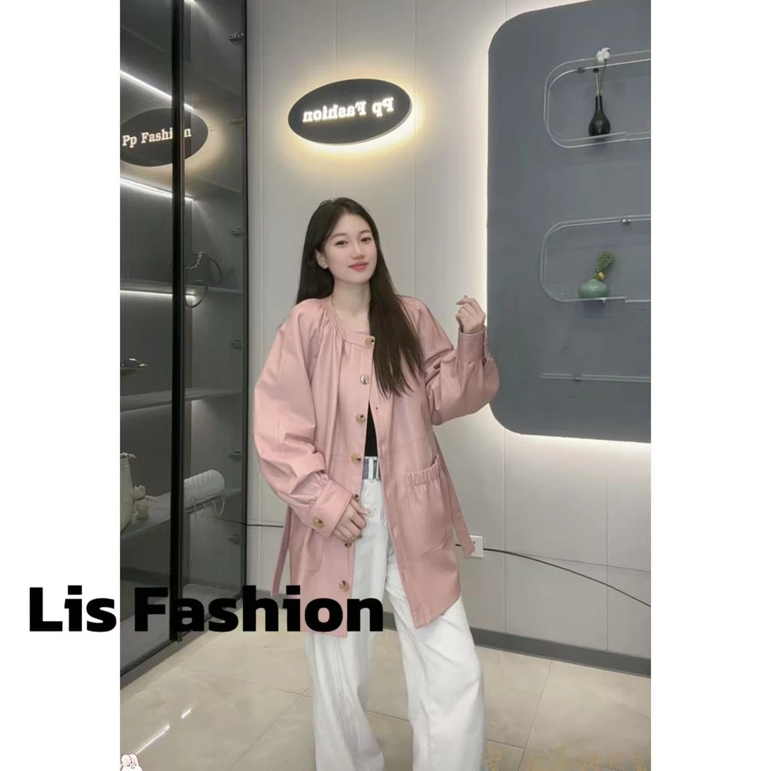 Liss-25新款377中长款圆领纽扣设计时尚休闲羊皮女外套