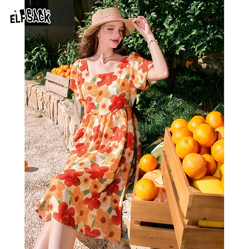 妖精的口袋法式方领碎花连衣裙女2024夏新款泡泡袖收腰24200004