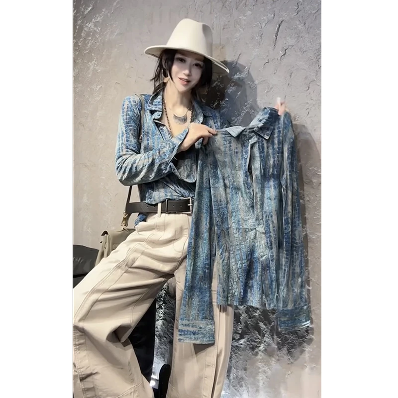 欧货2025早春新款设计感西部牛仔风复古翻领晕染植绒网纱衬衫女