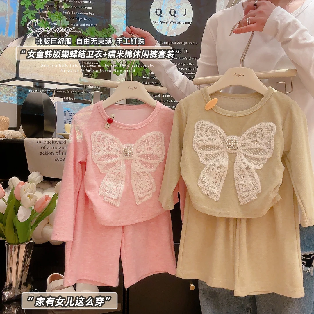 【亲子款】夏季童装新款洋气儿童珍珠蝴蝶结套装甜美韩版休闲