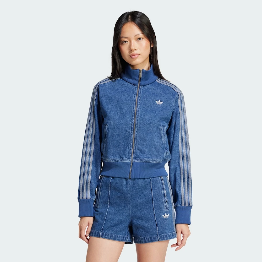 adidas三叶草DENIM TT休闲短款牛仔立领运动夹克外套JD2570