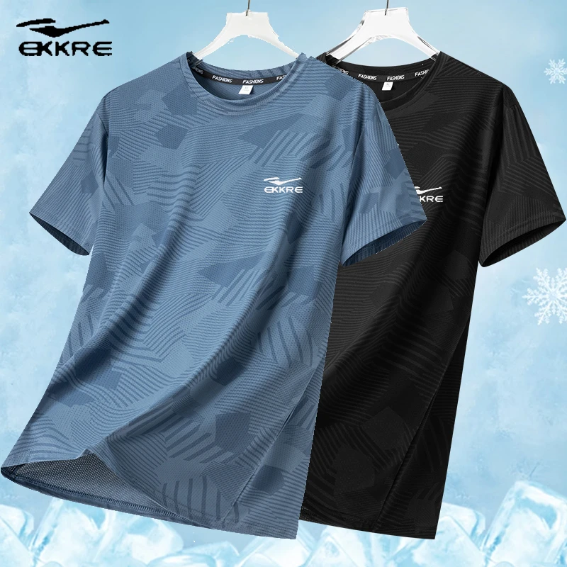 男士冰丝短袖速干休闲半袖大码户外运动弹力T恤上衣男装圆领宽松