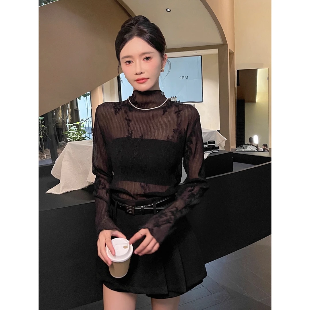 网纱刺绣黑色打底衫2025新款女内搭秋季洋气透视长袖t恤叠穿上衣