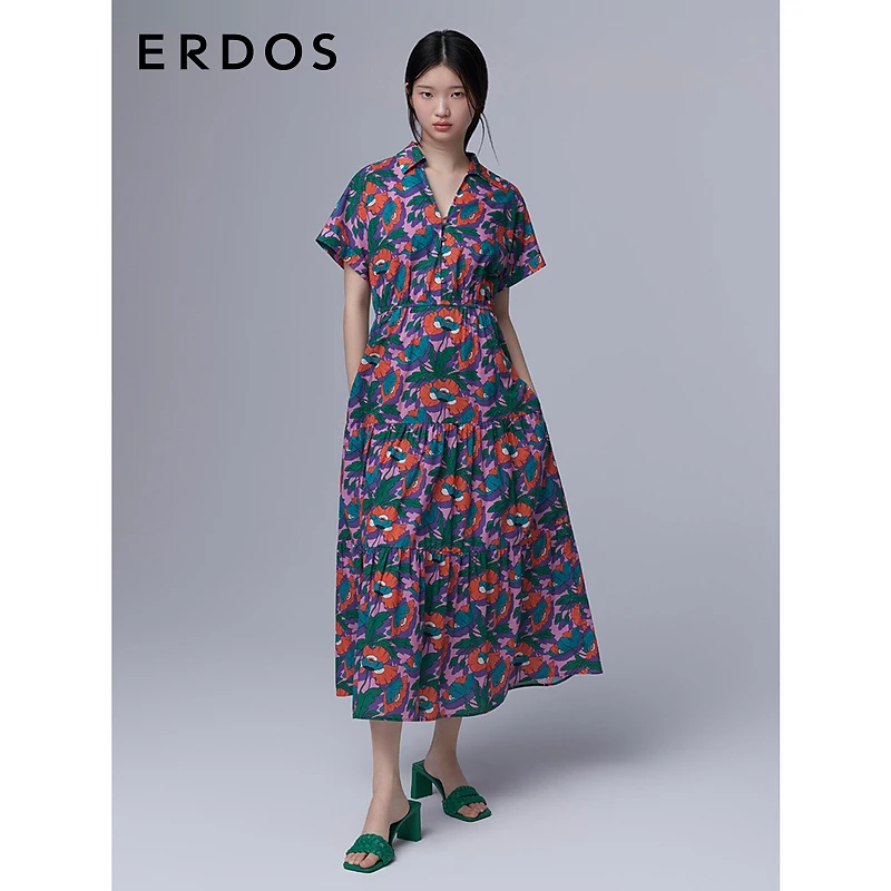 ERDOS 春夏塔纳棉liberty虞美人印花连衣裙女度假风短袖中长款裙