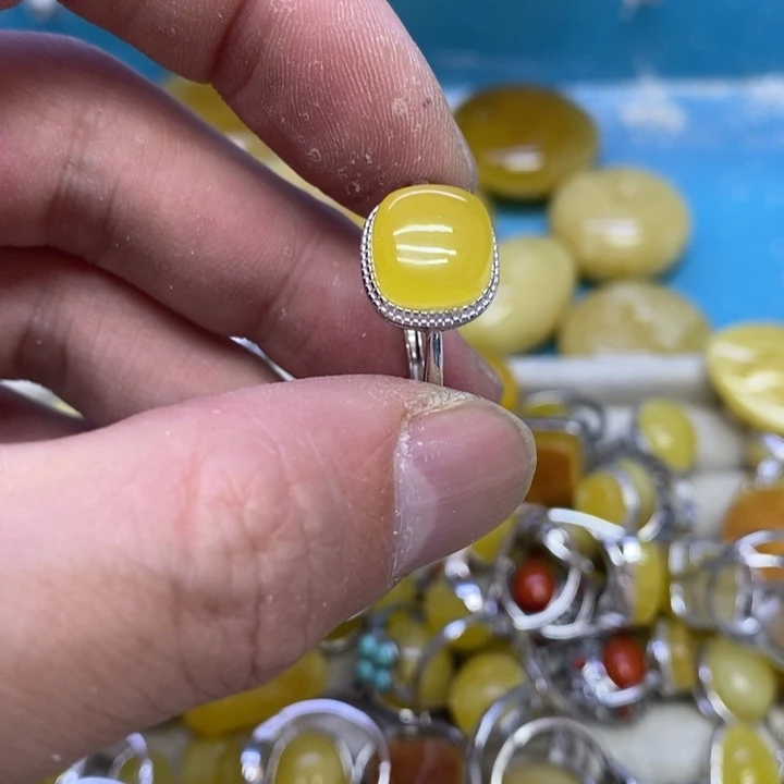 蜜蜡裸石银S925镶嵌戒指