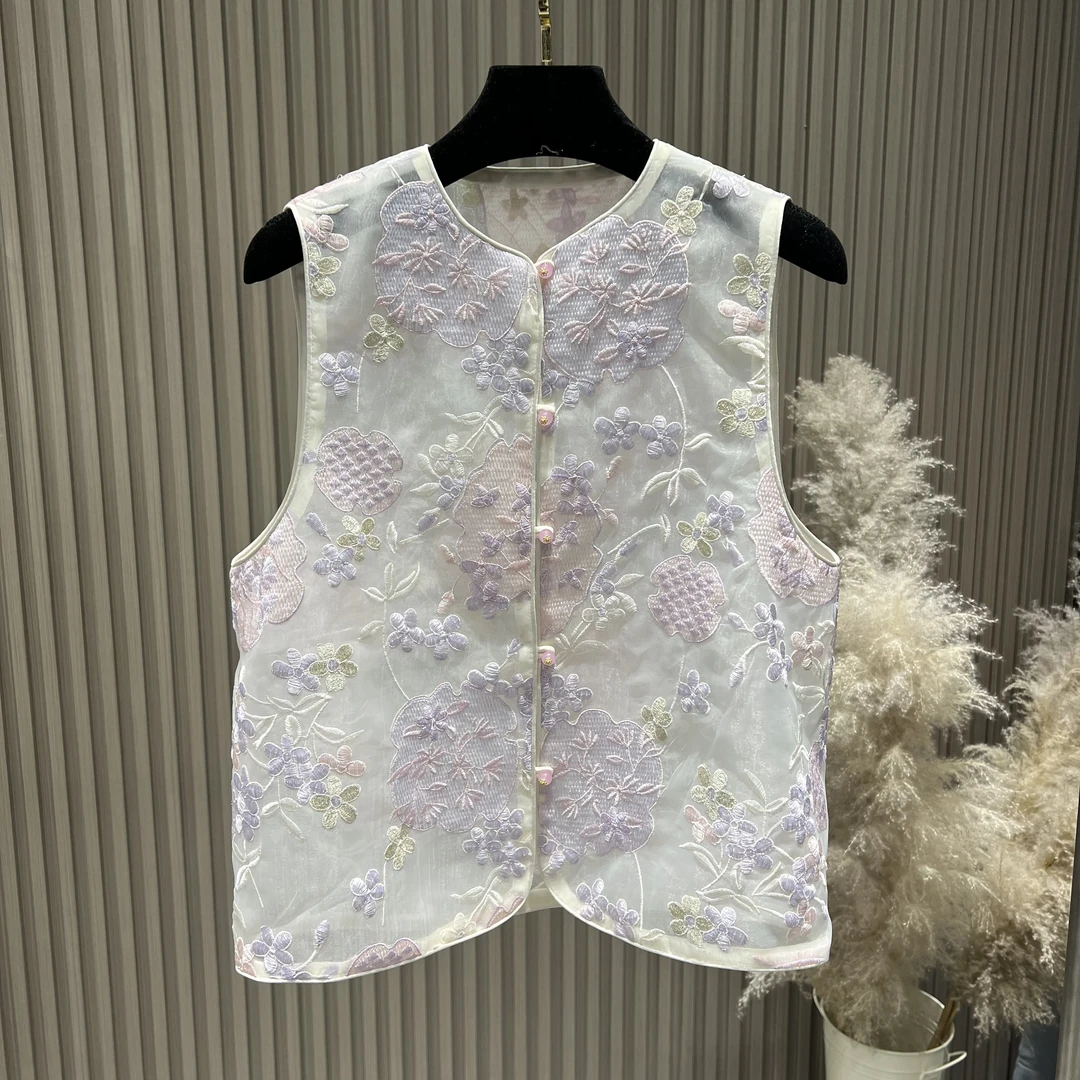 【淡紫色】中国风夏季圆领薄款刺绣马夹常规款植物花卉透气挂脖