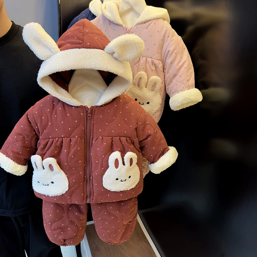 X女童2025冬装新款三层超厚棉袄棉裤两件套女宝宝连帽家居套装