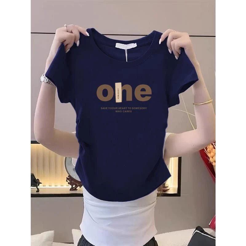 短款正肩纯棉短袖t恤女设计感小众收腰显瘦上衣褶皱打底衫夏季ins