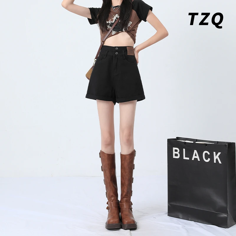 黑色牛仔短裤女高腰显瘦2025春季新款宽松双扣阔腿短裤TZQ2530430