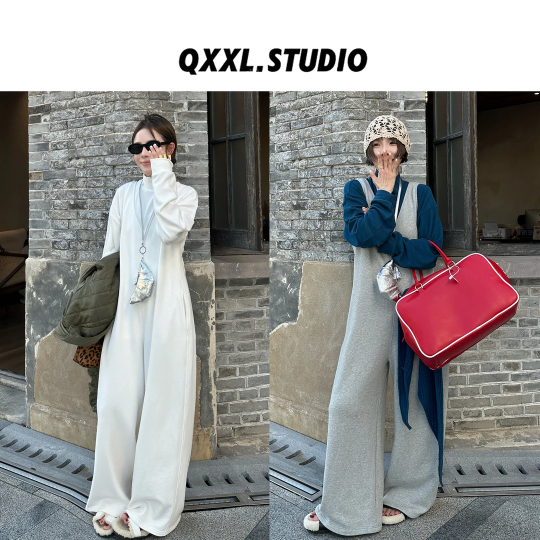 邱小小丽呀 秋季新款V领垂感连体背带裤女小众休闲宽松阔腿长裤