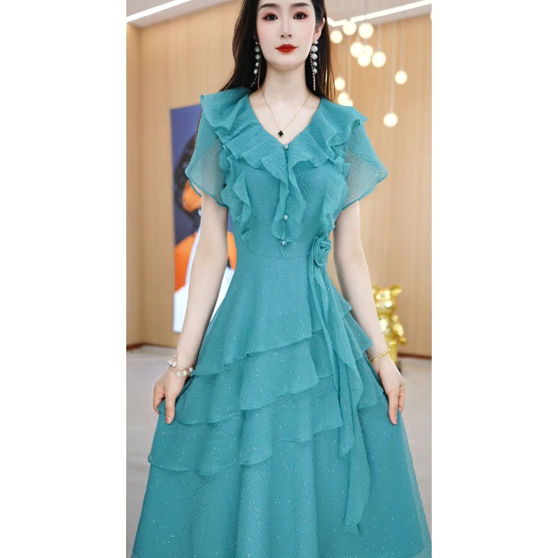 【连衣裙】夏季新款圆纯色高轻薄透气镂空收腰中长款连衣裙M-4XL