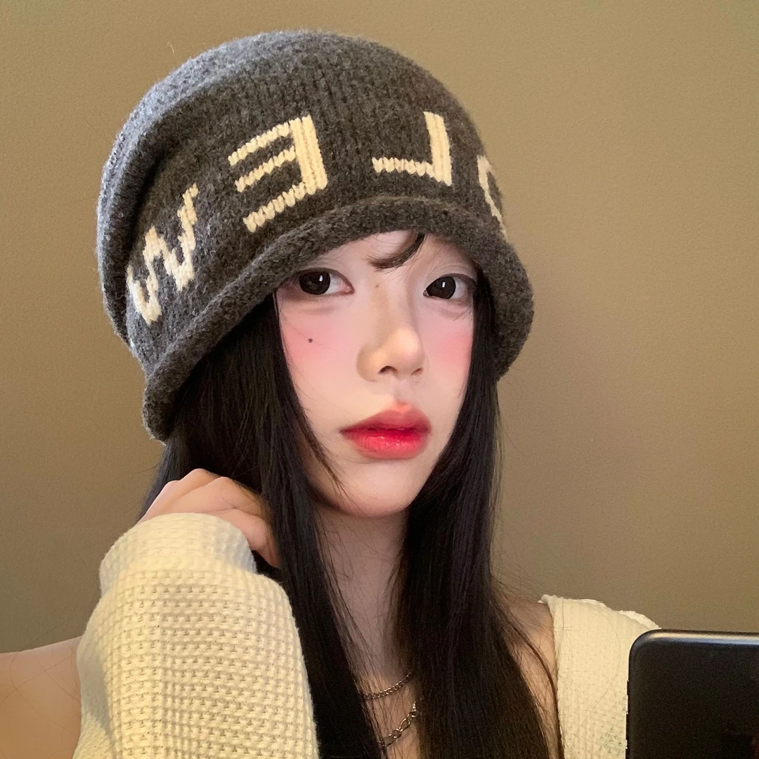 字母针织卷边堆堆帽女秋冬季韩版时尚显脸小包头帽大头围冷帽子潮