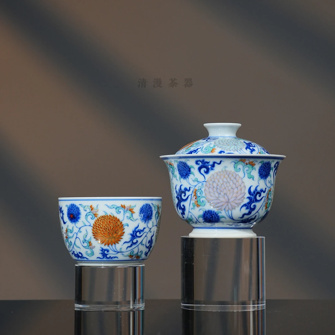 玗琪轩柴窑斗彩团菊茶器 景德镇全手工手绘高档送礼喝茶茶碗