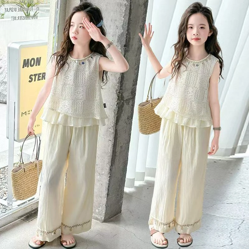 女童2025新款夏季时尚镂空背心阔腿裤百搭休闲潮款时髦洋气两件套