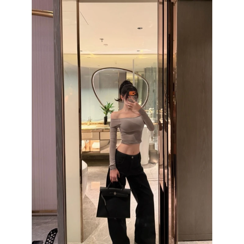 美式复古设计一字肩露肩长袖t恤女秋冬新款高腰百搭休闲长裤套装