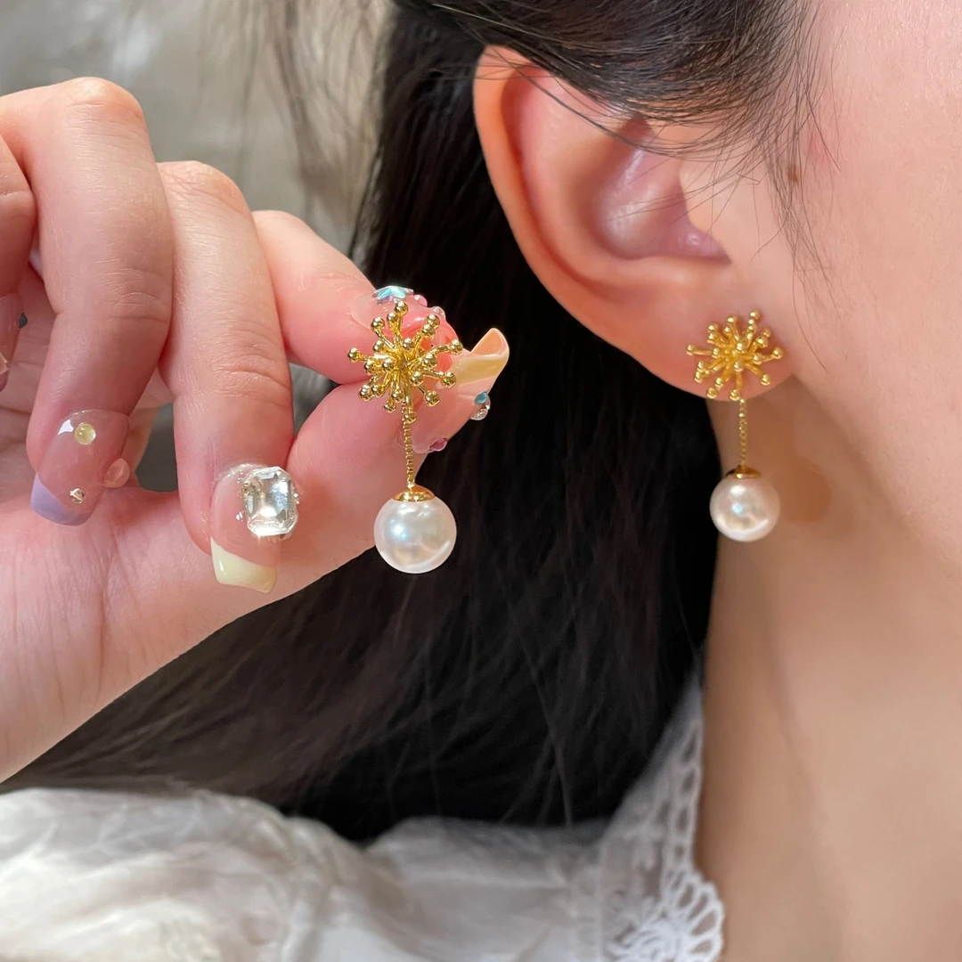 金色烟花设计感珠珠两戴耳钉轻奢百搭精致耳饰R2944