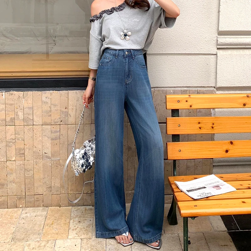 美思源天丝软牛仔裤女超薄2025夏季新品莱赛尔宽松复古喇叭阔腿裤