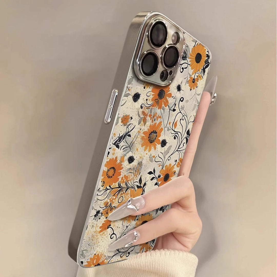 向日葵苹果16promax手机壳适用iPhone15电镀小羊皮13/11/14薄12