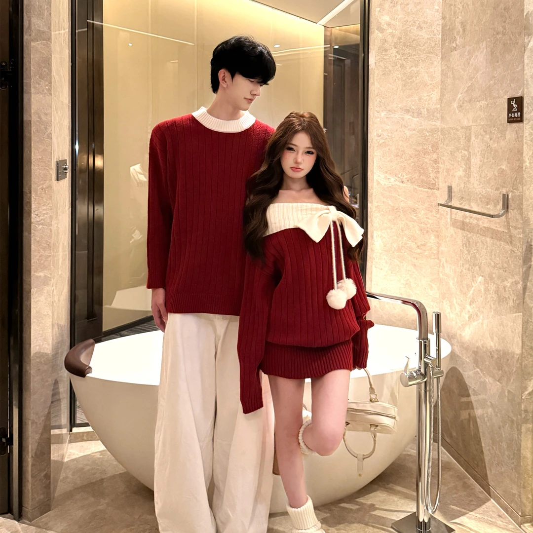 法式圣诞一字肩毛衣情侣装秋冬ins氛围感复古新年针织连衣裙潮流