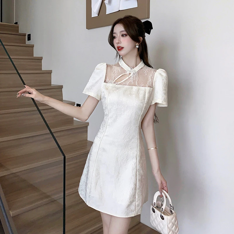 qqfs2333新中式蕾丝提花立领泡泡袖气质时尚连衣裙2025夏季女装