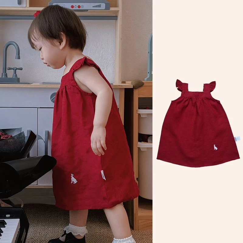 欧美纯色刺绣小爱丽丝100%亚麻复古红连衣裙女宝宝飞袖吊带连衣裙