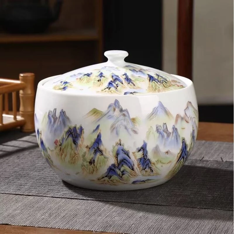 陶瓷千里江山带盖储物罐