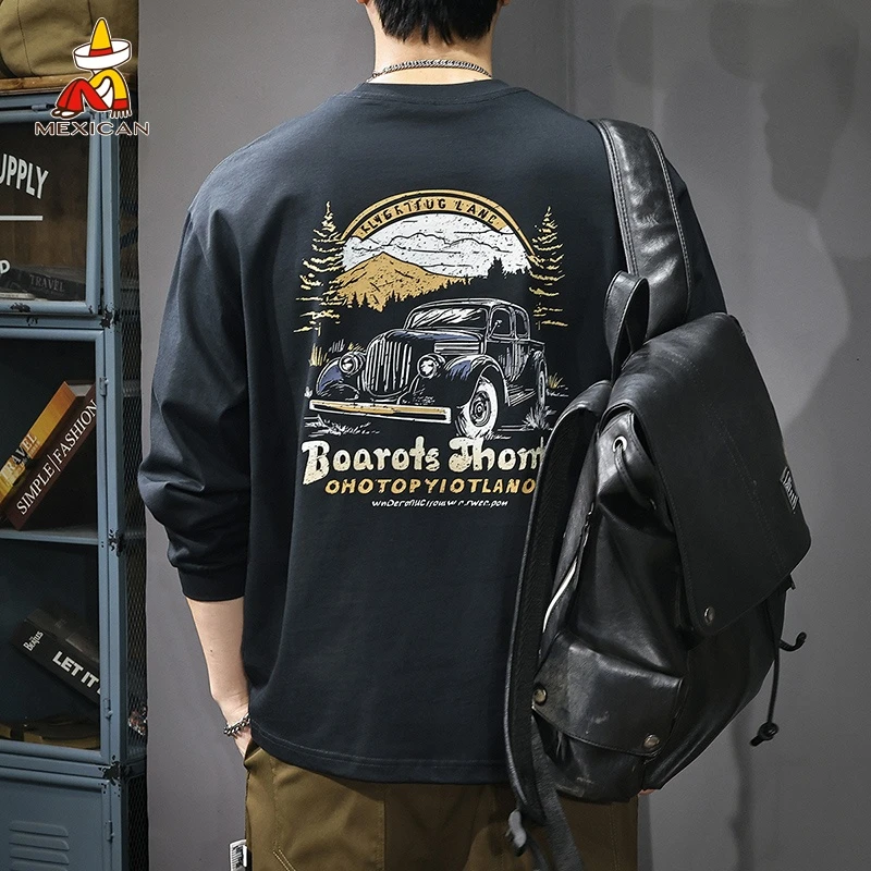 Mexican/稻草人秋季潮牌重磅纯棉T恤男士宽松大码休闲打底衫卫衣t