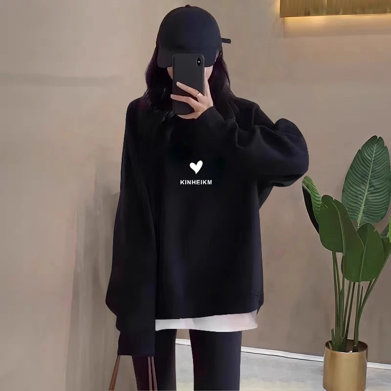 假两件圆领卫衣黑色女2025秋冬新款宽松中长款遮屁股加绒加厚上衣