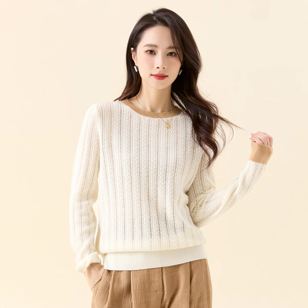 春竹官方春夏季新款圆领毛衣合体洋气ins风撞色长袖女高级羊毛衫