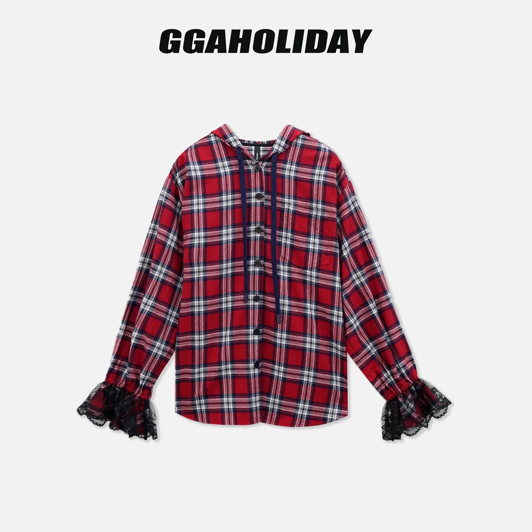 GGAHOLIDAY轻奢时尚休闲百搭潮流格子长袖连帽衬衫外套-153024