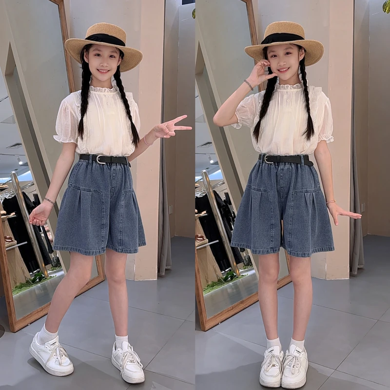女童夏装洋气娃娃衫上衣搭配牛仔短裙裤时尚套装儿童夏季韩版童装