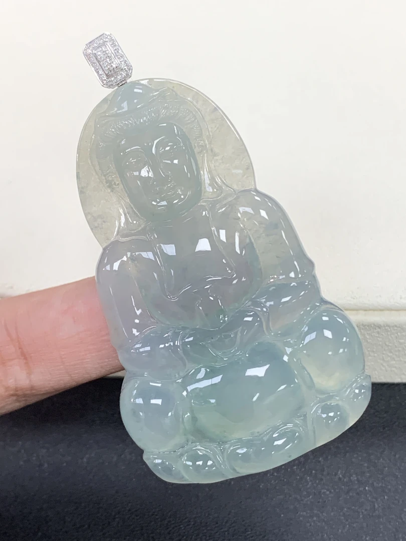 附自然光视频冰胶飘花观音翡翠玉石18k豪镶设计款吊坠缅A