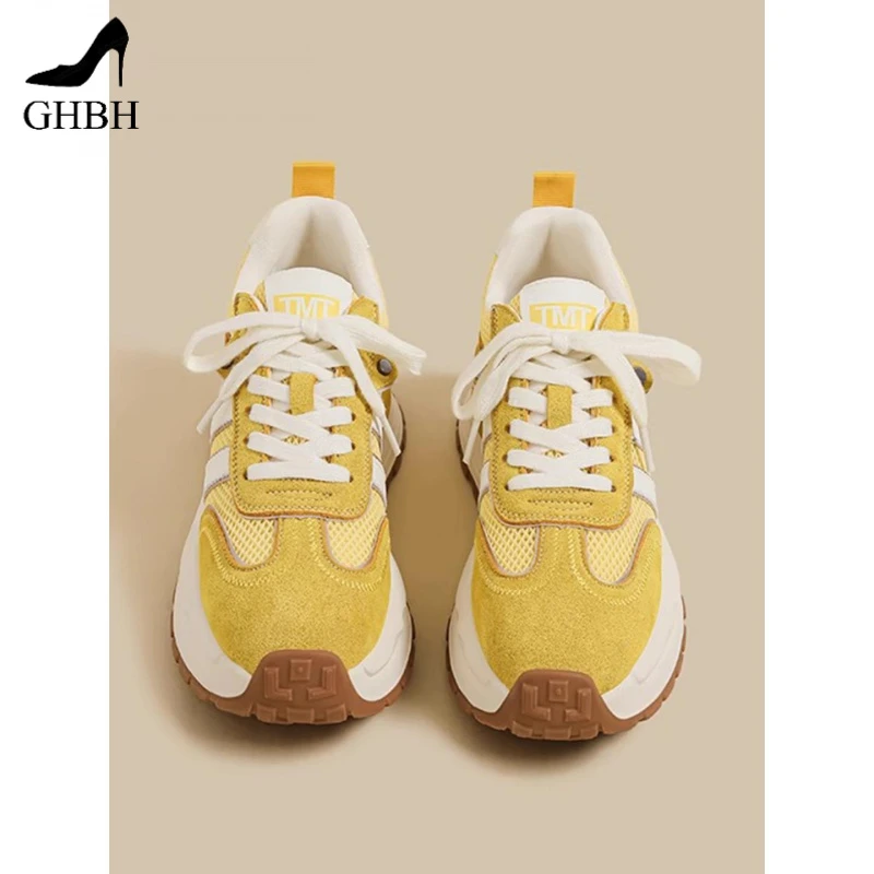 流行款！爆款跟高5cm~厚底黄色老爹鞋女2025新款小个子华夫阿甘休