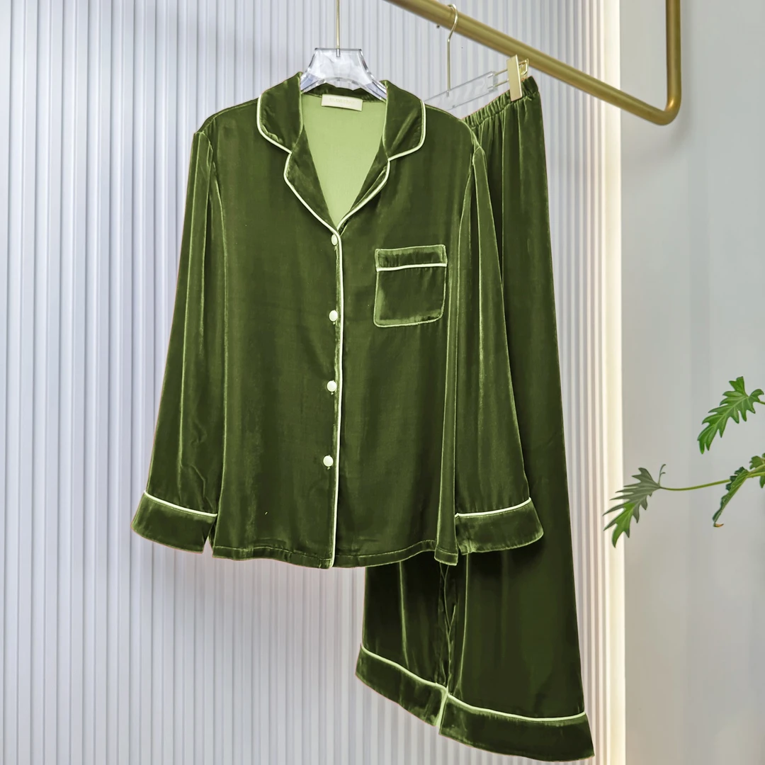 新款女士秋季加绒真丝丝绒睡衣两件套保暖舒适开衫套装850111411